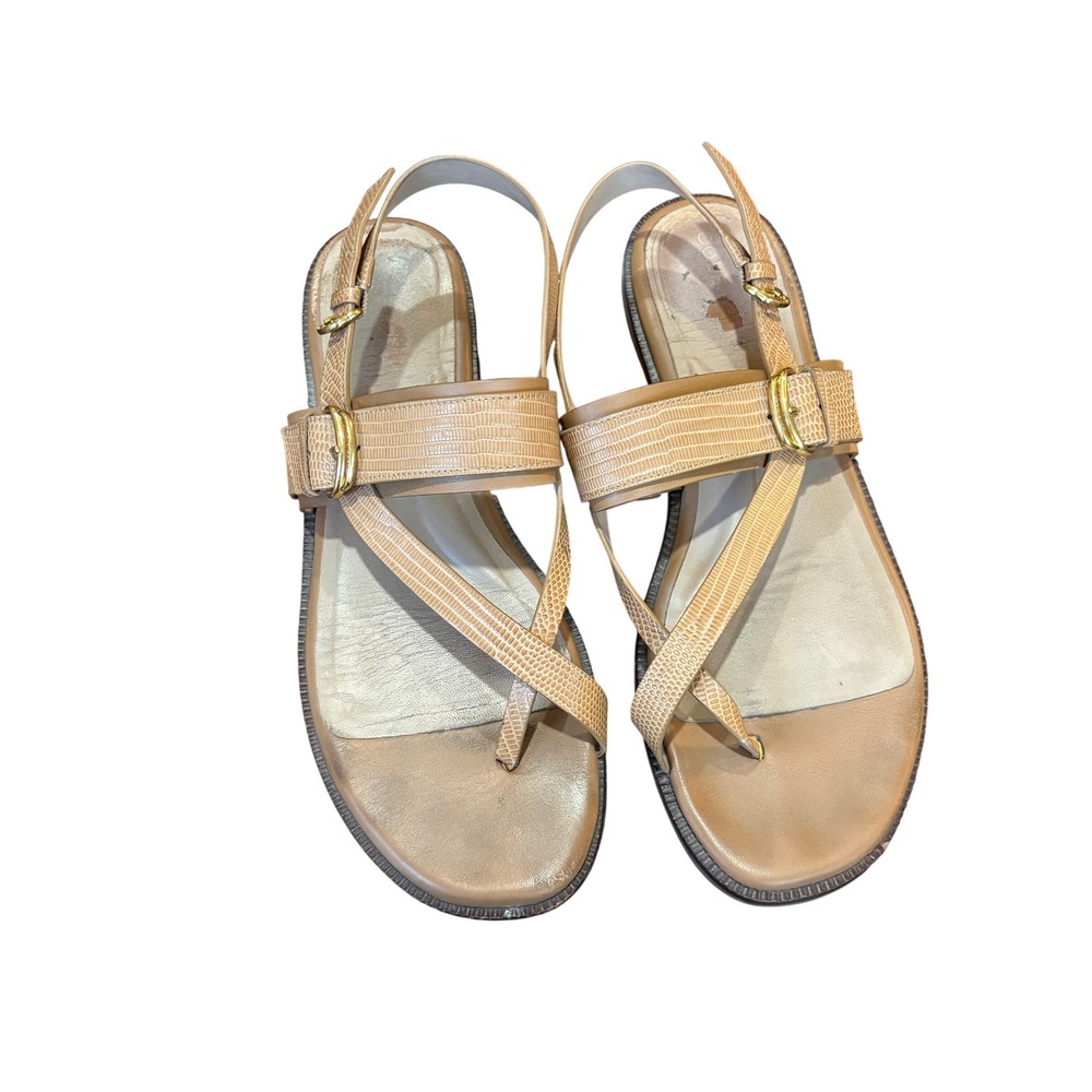 Cole Haan Grand 360 Tan Lizard Embossed Leather‎ Toe Loop Strappy Sandals Womens